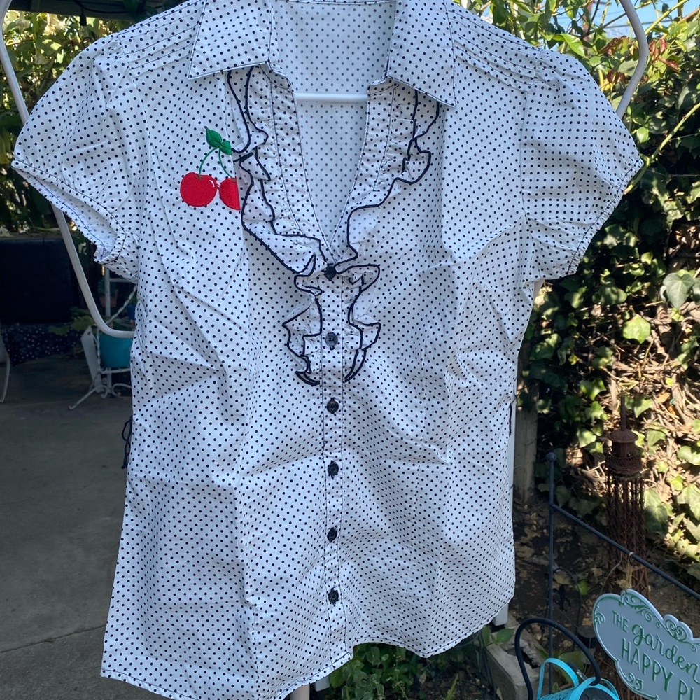 Rockabilly White Polka Dot Ruffle Button-Up Top with Cherry Appliqué